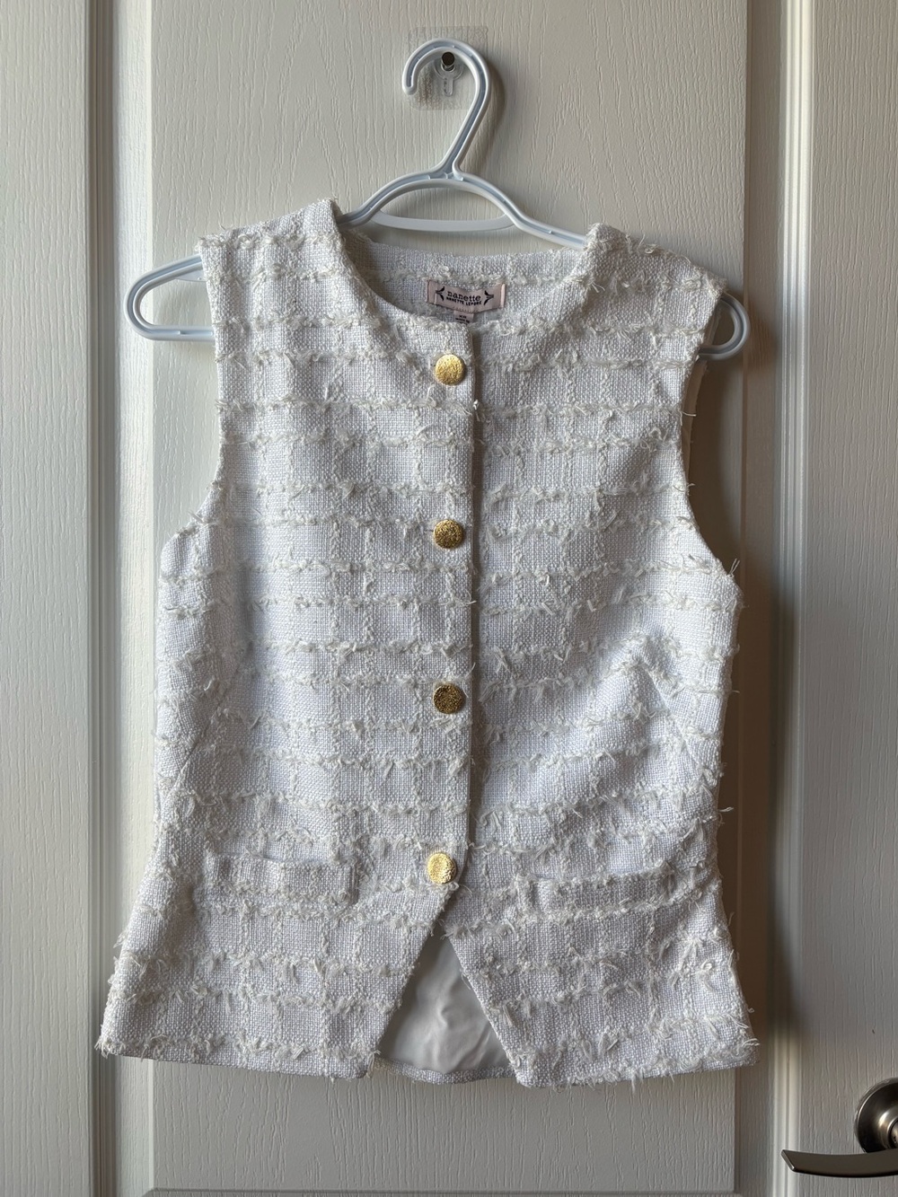 White Textured Sleeveless Vest/Blouse with Gold Buttons